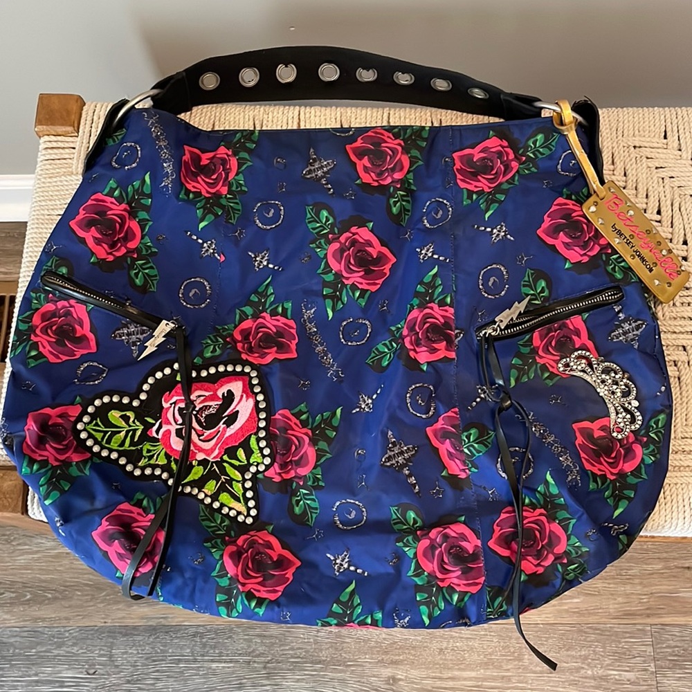 Betsey Johnson Betseyville Rose Stud Oversized Tote Blue Hobo